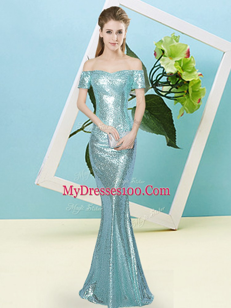 Mermaid Dress for Prom Aqua Blue Off The Shoulder Sequined Short Sleeves Floor Length Zipper