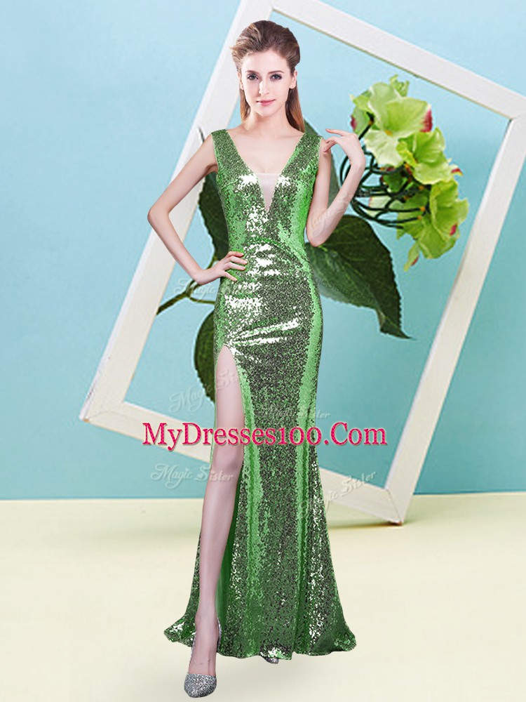 Sleeveless Floor Length Sequins Zipper Prom Party Dress with Green