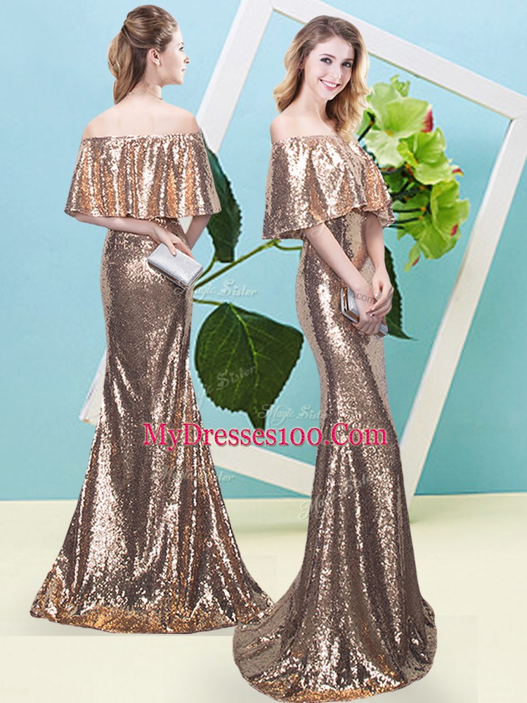 Extravagant Floor Length Zipper Prom Evening Gown Gold for Prom and Party with Sequins
