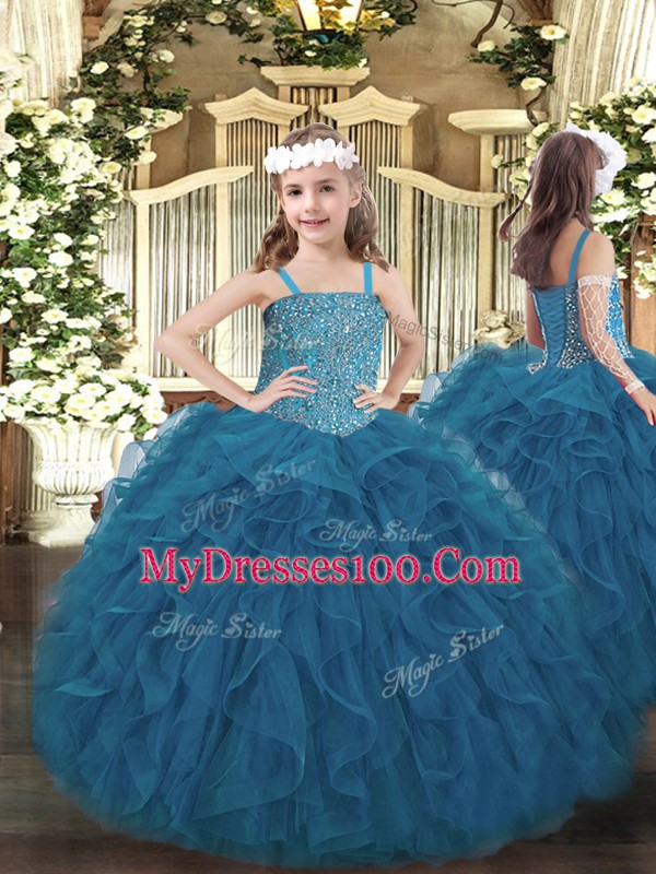 Teal Tulle Lace Up Pageant Gowns For Girls Sleeveless Floor Length Beading and Ruffles