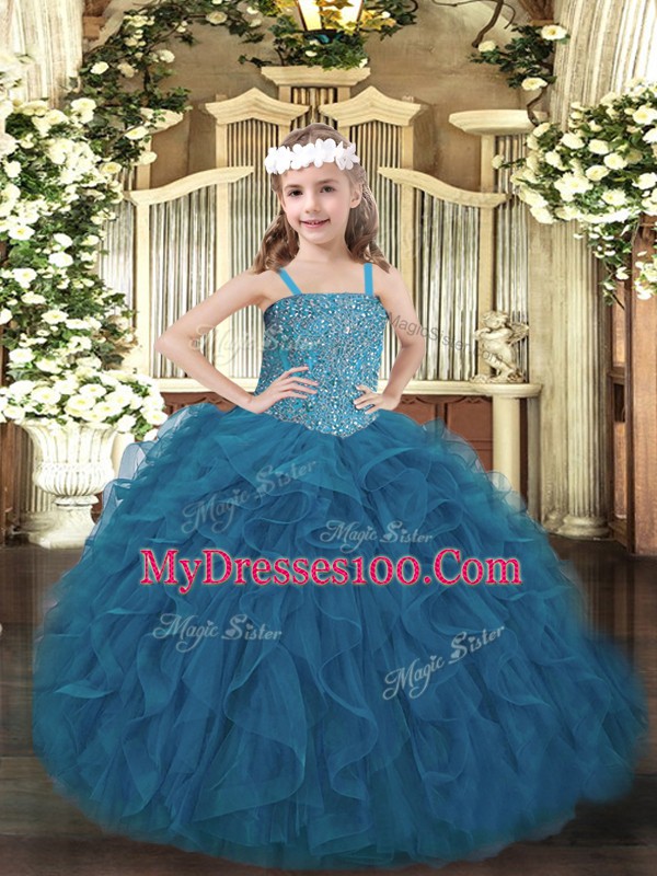 Teal Tulle Lace Up Pageant Gowns For Girls Sleeveless Floor Length Beading and Ruffles