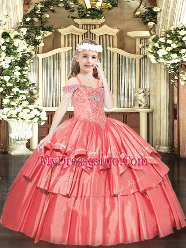 Sleeveless Floor Length Beading and Ruffled Layers Lace Up Child Pageant Dress with Coral Red