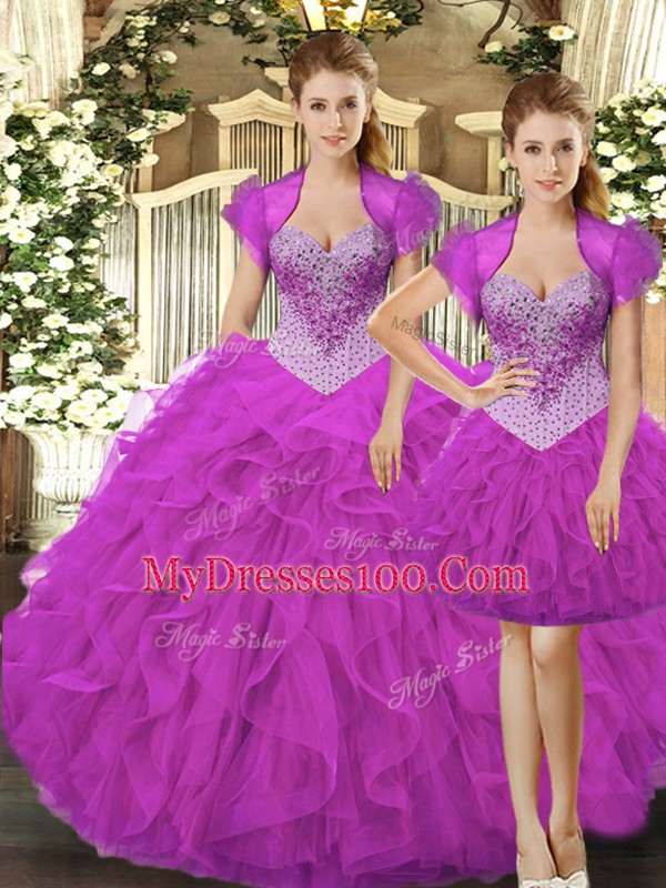 Sexy Straps Sleeveless Tulle Sweet 16 Dress Beading and Ruffles Lace Up
