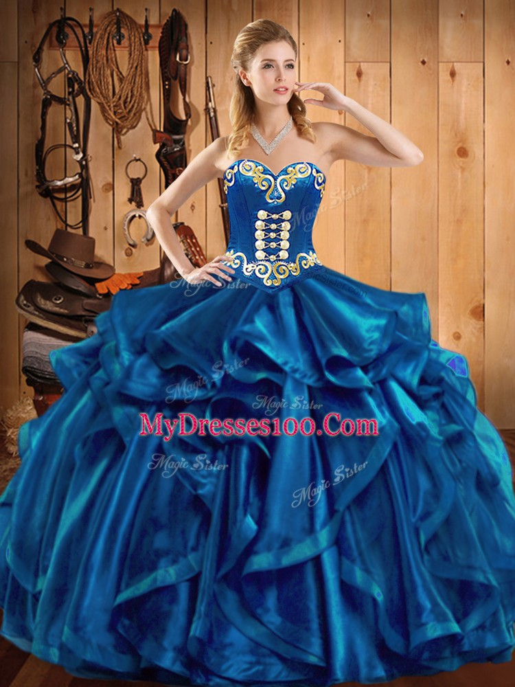 Floor Length Lace Up Sweet 16 Dresses Blue for Military Ball and Sweet 16 and Quinceanera with Embroidery and Ruffles