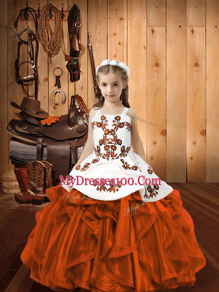 Rust Red Ball Gowns Embroidery Little Girls Pageant Gowns Zipper Organza Sleeveless Floor Length