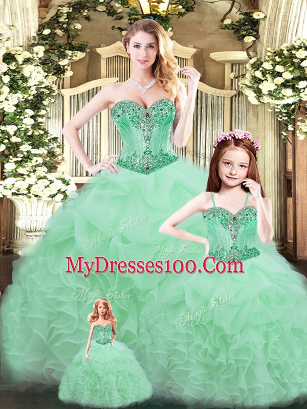 Apple Green Sweetheart Lace Up Beading and Ruffles Ball Gown Prom Dress Sleeveless