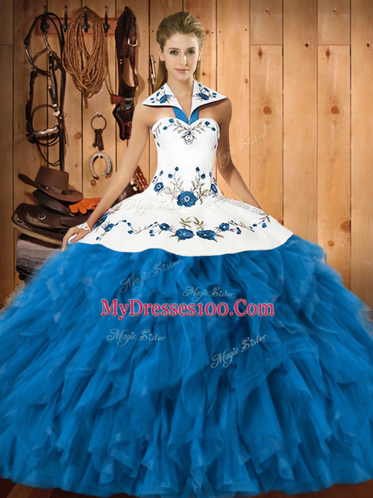Clearance Floor Length Teal Quinceanera Gowns Satin and Organza Sleeveless Embroidery and Ruffles
