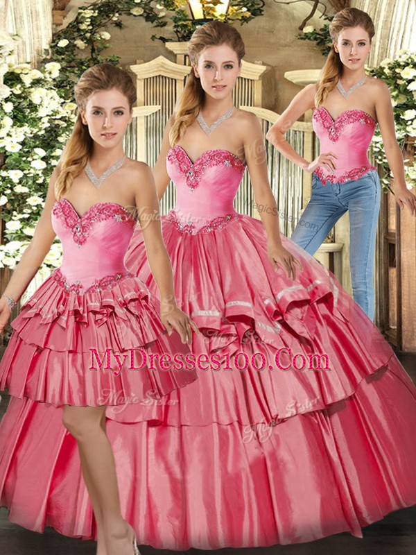 Watermelon Red Three Pieces Organza Sweetheart Sleeveless Beading and Ruffled Layers Floor Length Lace Up Ball Gown Prom Dress