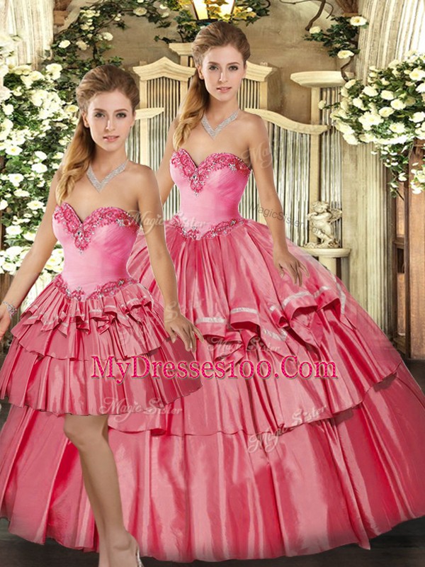 Watermelon Red Three Pieces Organza Sweetheart Sleeveless Beading and Ruffled Layers Floor Length Lace Up Ball Gown Prom Dress