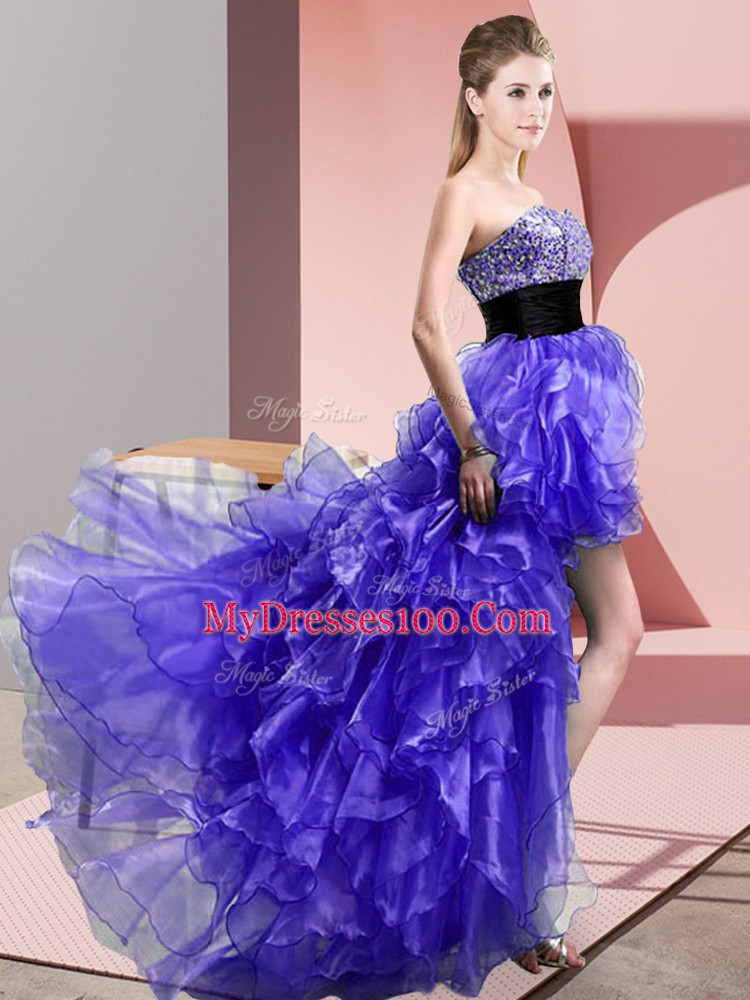 Shining Organza Sweetheart Sleeveless Lace Up Beading and Ruffles Homecoming Dress in Purple