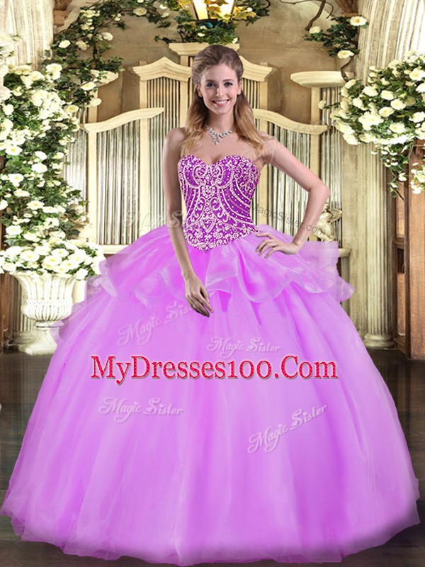 High Class Lilac Sleeveless Floor Length Beading and Ruffles Lace Up 15th Birthday Dress