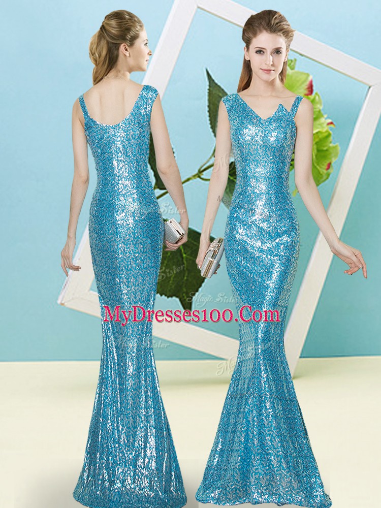 Clearance Baby Blue Sleeveless Sequins Floor Length