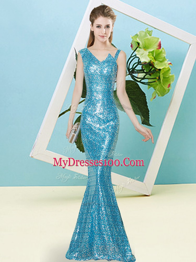 Clearance Baby Blue Sleeveless Sequins Floor Length