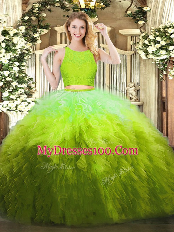 Fabulous Sleeveless Organza Floor Length Zipper Quinceanera Gown in Olive Green with Lace and Ruffles