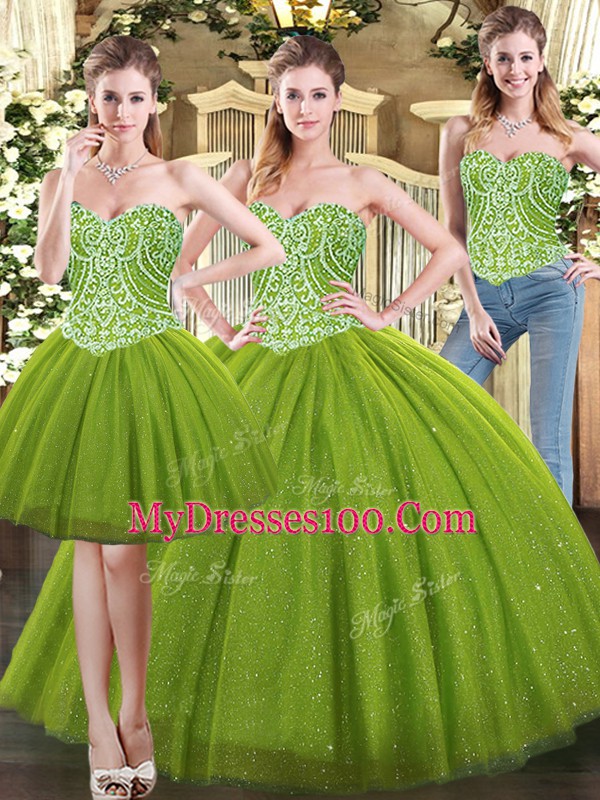 Superior Olive Green Sleeveless Tulle Lace Up Quinceanera Dresses for Military Ball and Sweet 16 and Quinceanera