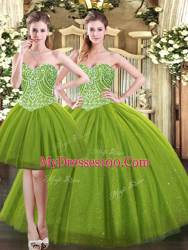 Superior Olive Green Sleeveless Tulle Lace Up Quinceanera Dresses for Military Ball and Sweet 16 and Quinceanera
