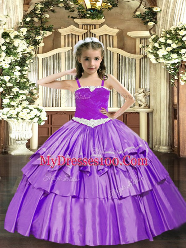 Sleeveless Organza Floor Length Lace Up Pageant Dress for Teens in Lavender with Appliques and Ruffled Layers