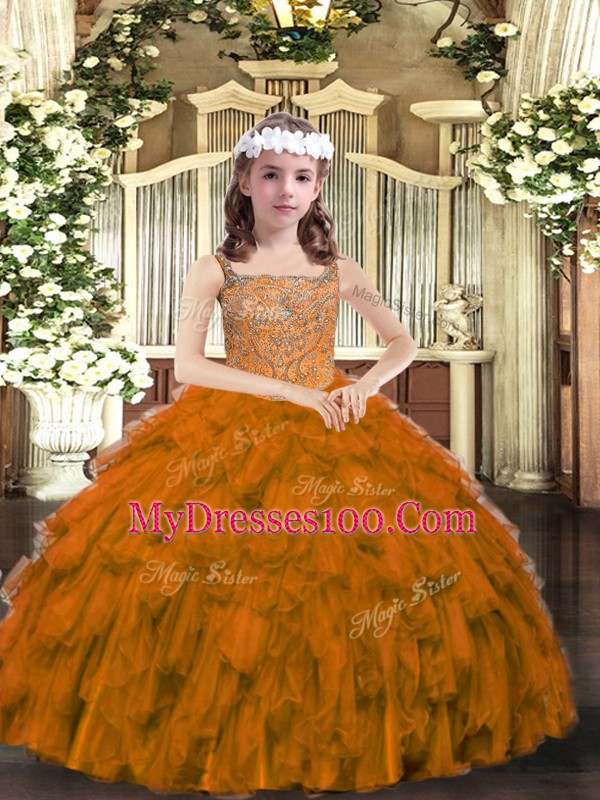 Excellent Brown Straps Lace Up Beading and Ruffles Little Girl Pageant Gowns Sleeveless