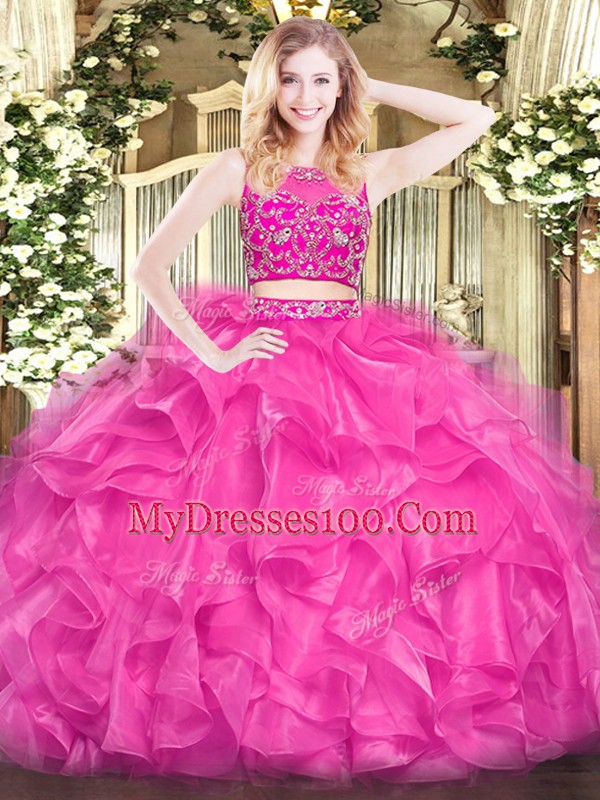 Floor Length Hot Pink 15th Birthday Dress Scoop Sleeveless Zipper