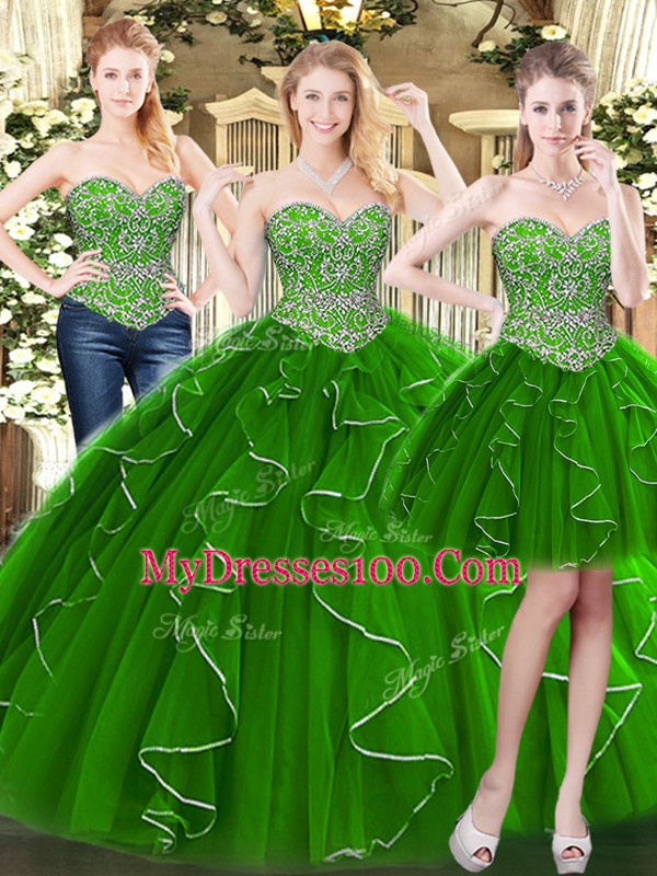 Green Organza Lace Up Sweetheart Sleeveless Floor Length Quince Ball Gowns Beading and Ruffles