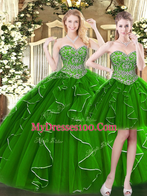 Green Organza Lace Up Sweetheart Sleeveless Floor Length Quince Ball Gowns Beading and Ruffles