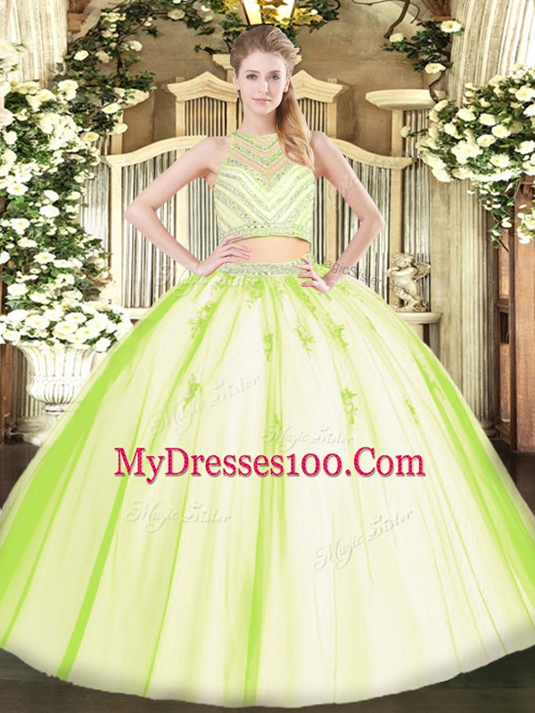 Yellow Green Zipper 15 Quinceanera Dress Beading Sleeveless Floor Length