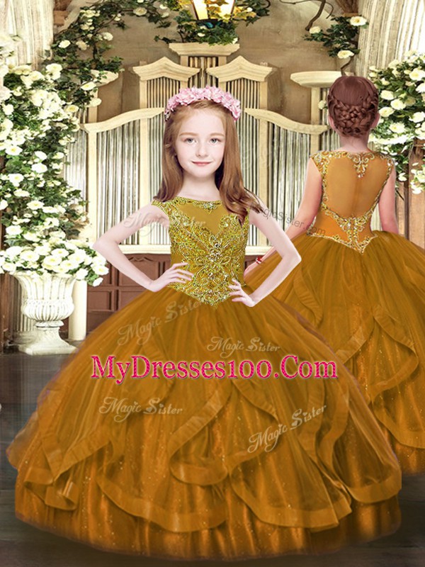 Floor Length Brown Little Girls Pageant Dress Wholesale Scoop Sleeveless Zipper