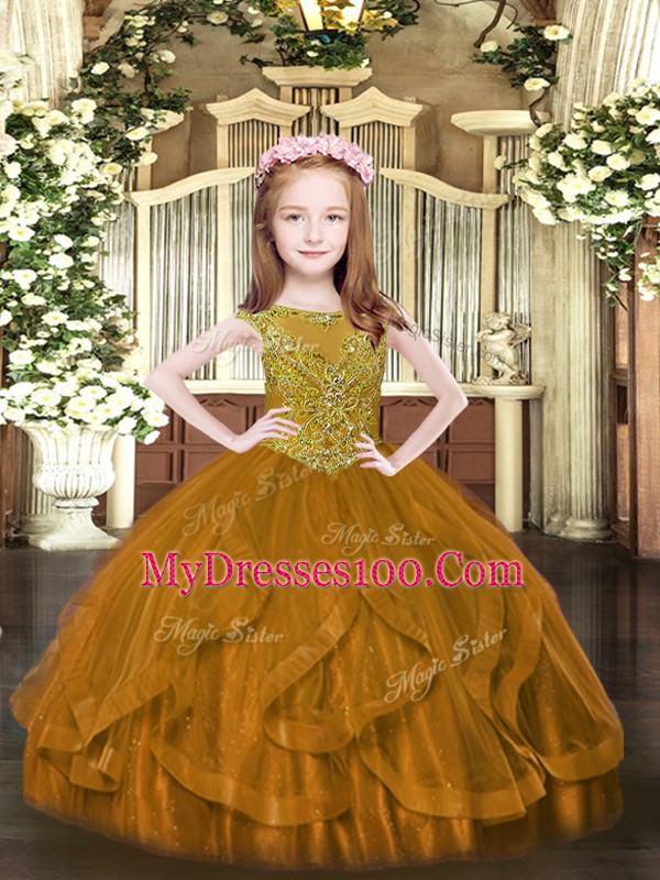 Floor Length Brown Little Girls Pageant Dress Wholesale Scoop Sleeveless Zipper