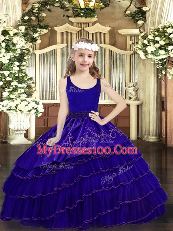 Cute Blue Ball Gowns Scoop Sleeveless Organza Floor Length Zipper Beading and Embroidery and Ruffled Layers Pageant Gowns For Girls