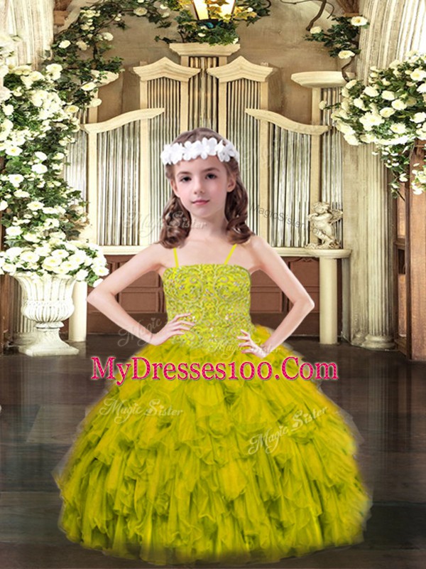 Olive Green Spaghetti Straps Neckline Beading and Ruffles Pageant Dress Wholesale Sleeveless Lace Up