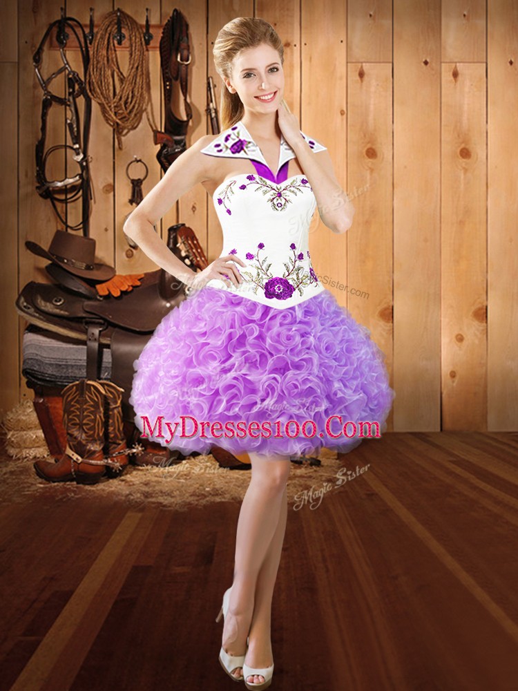 Fabric With Rolling Flowers Halter Top Sleeveless Lace Up Embroidery Homecoming Gowns in Lilac