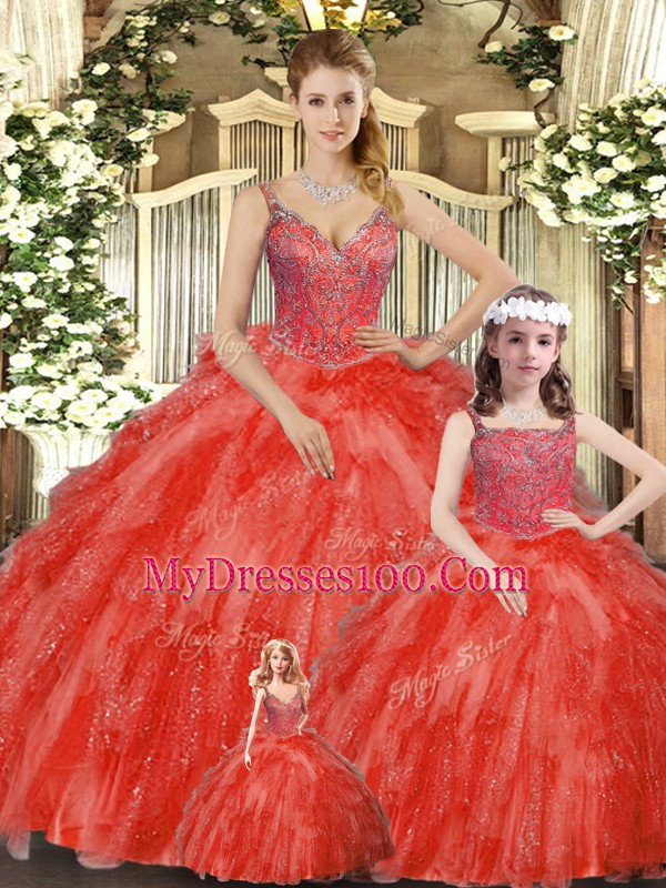 Colorful Red Sleeveless Beading and Ruffles Floor Length Ball Gown Prom Dress