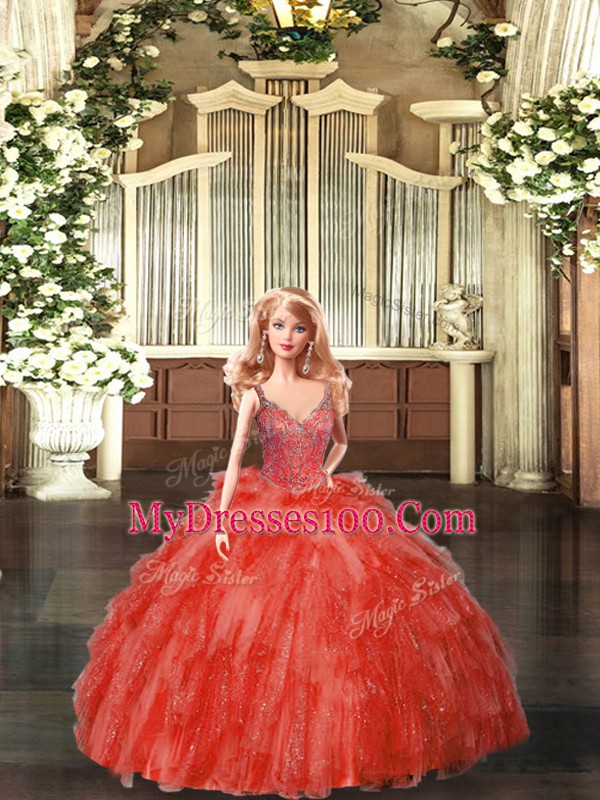 Colorful Red Sleeveless Beading and Ruffles Floor Length Ball Gown Prom Dress