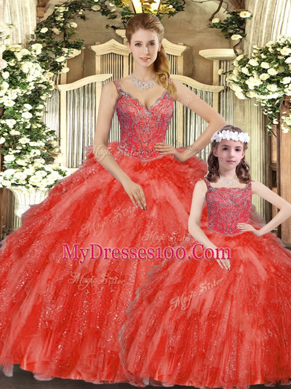 Colorful Red Sleeveless Beading and Ruffles Floor Length Ball Gown Prom Dress