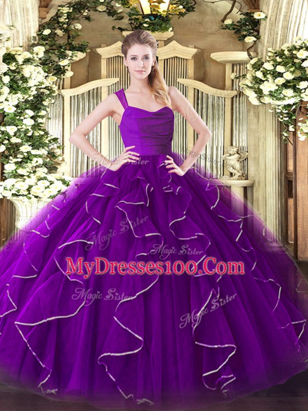 High Class Purple Zipper 15th Birthday Dress Ruffles Sleeveless Floor Length