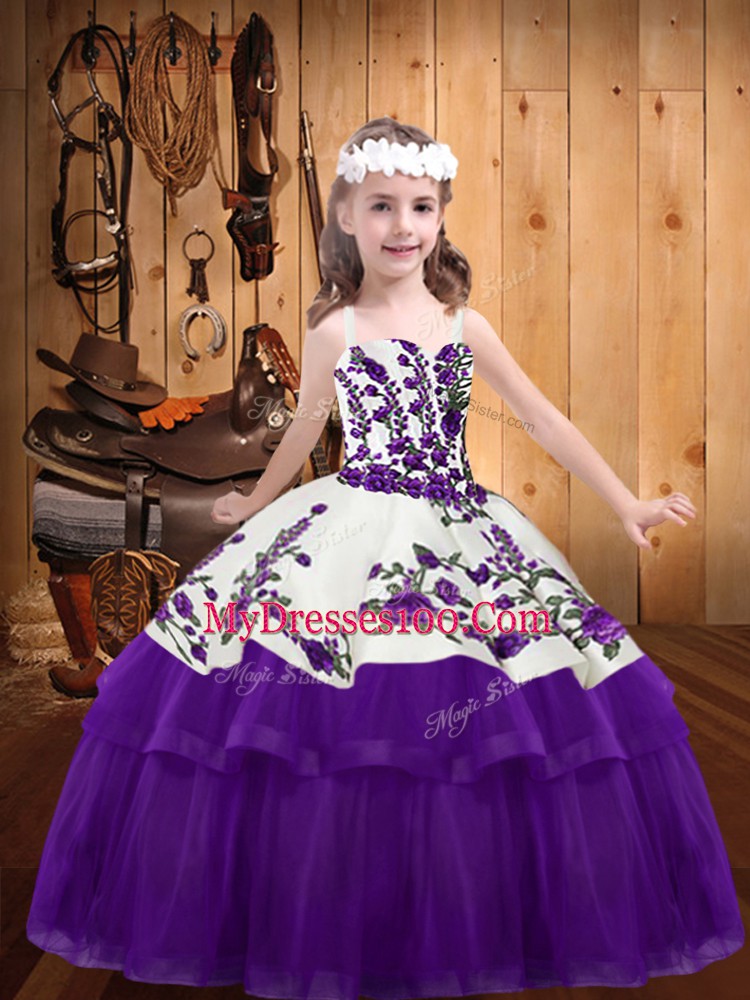 Purple Straps Neckline Embroidery Little Girls Pageant Gowns Sleeveless Lace Up