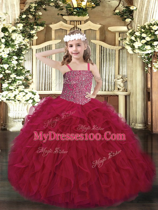 Wine Red Tulle Lace Up Straps Sleeveless Floor Length Pageant Dress Womens Beading and Ruffles