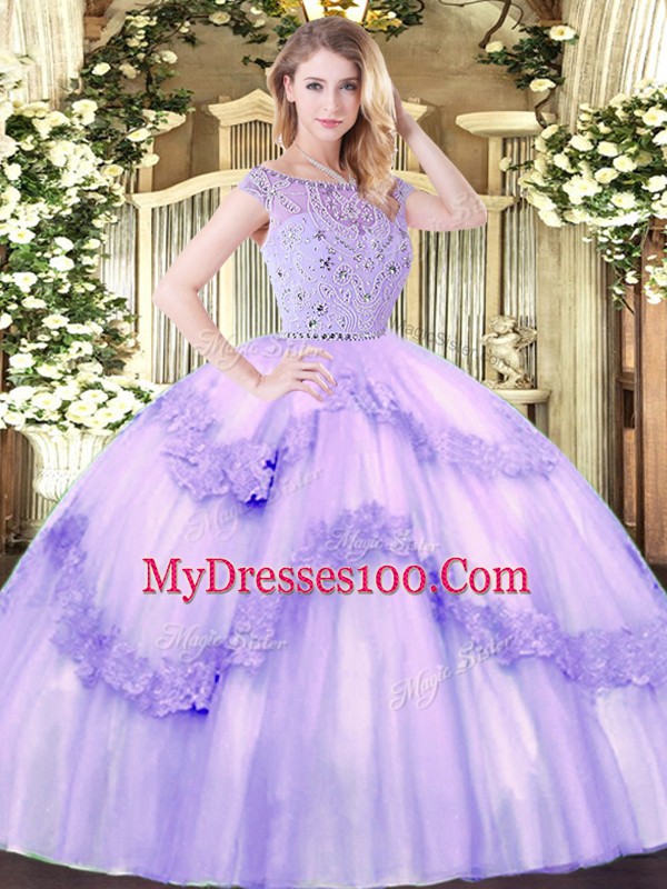Best Selling Lavender Bateau Zipper Beading and Appliques Quinceanera Gowns Sleeveless