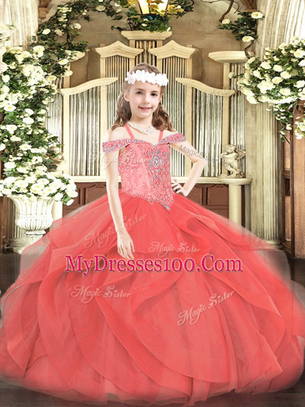 Custom Fit Off The Shoulder Sleeveless Tulle Little Girls Pageant Gowns Beading and Ruffles Lace Up