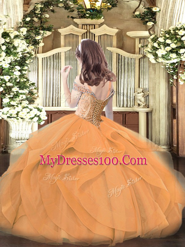 Custom Fit Off The Shoulder Sleeveless Tulle Little Girls Pageant Gowns Beading and Ruffles Lace Up