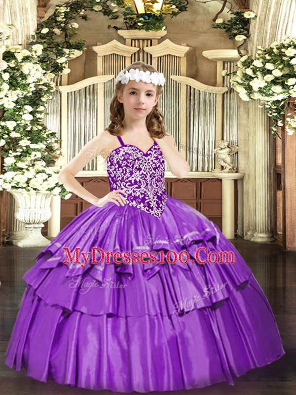 Lilac Lace Up Pageant Dress for Teens Beading and Ruffled Layers Sleeveless Floor Length