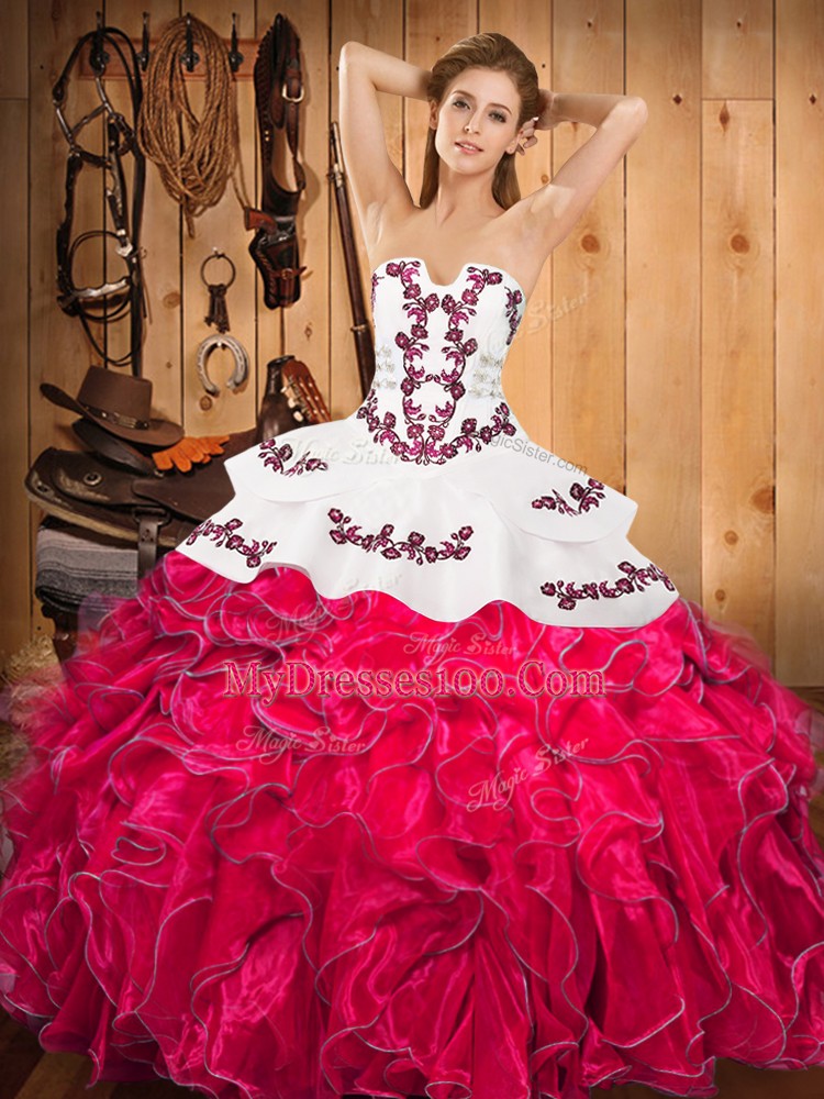 Decent Embroidery and Ruffles 15 Quinceanera Dress Hot Pink Lace Up Sleeveless Floor Length