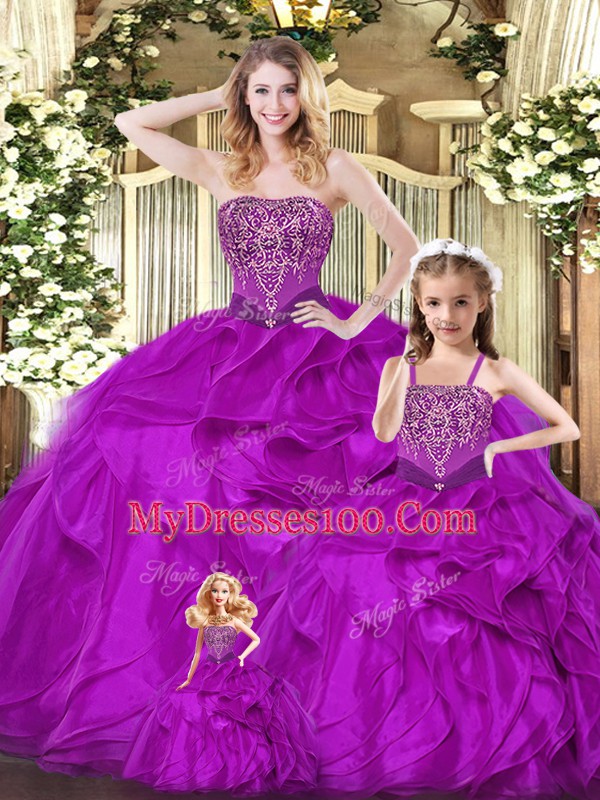 Fuchsia Ball Gowns Strapless Sleeveless Organza Floor Length Lace Up Beading and Ruffles Quince Ball Gowns