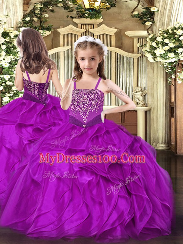 Fuchsia Ball Gowns Strapless Sleeveless Organza Floor Length Lace Up Beading and Ruffles Quince Ball Gowns