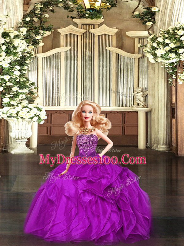 Fuchsia Ball Gowns Strapless Sleeveless Organza Floor Length Lace Up Beading and Ruffles Quince Ball Gowns