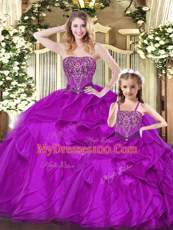 Fuchsia Ball Gowns Strapless Sleeveless Organza Floor Length Lace Up Beading and Ruffles Quince Ball Gowns