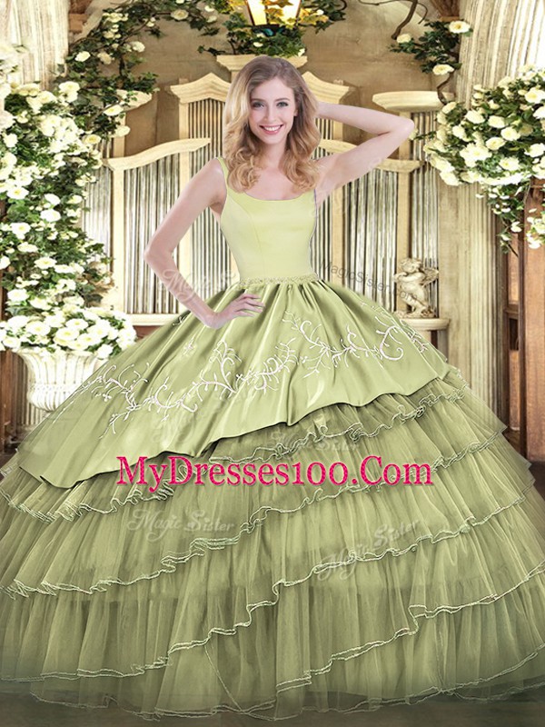 Trendy Olive Green Ball Gowns Embroidery and Ruffled Layers Quinceanera Dresses Zipper Organza Sleeveless Floor Length