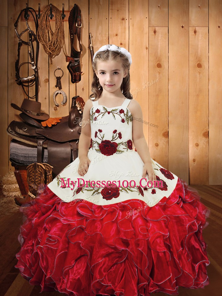 Straps Sleeveless Little Girl Pageant Dress Floor Length Embroidery and Ruffles Red Organza