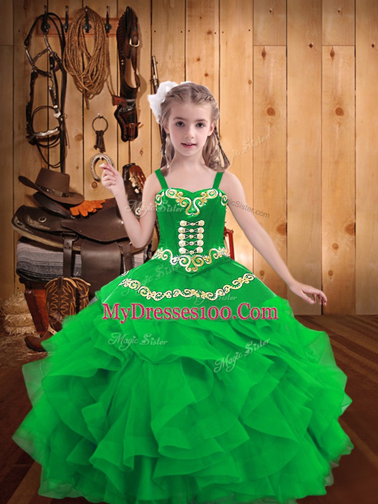 Perfect Sleeveless Lace Up Floor Length Embroidery and Ruffles Pageant Dress Wholesale