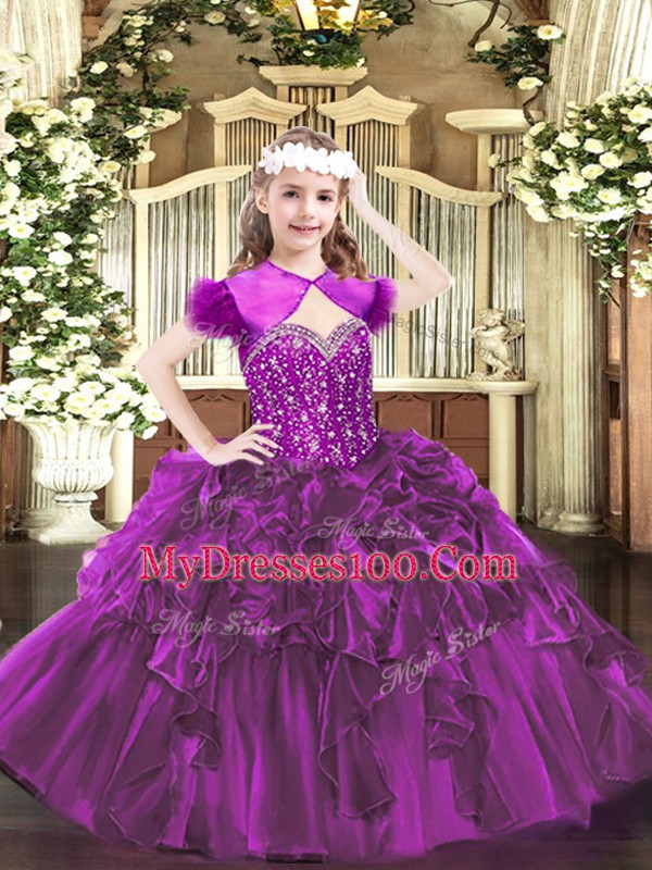 Organza Sleeveless Floor Length Little Girls Pageant Dress and Beading and Ruffles